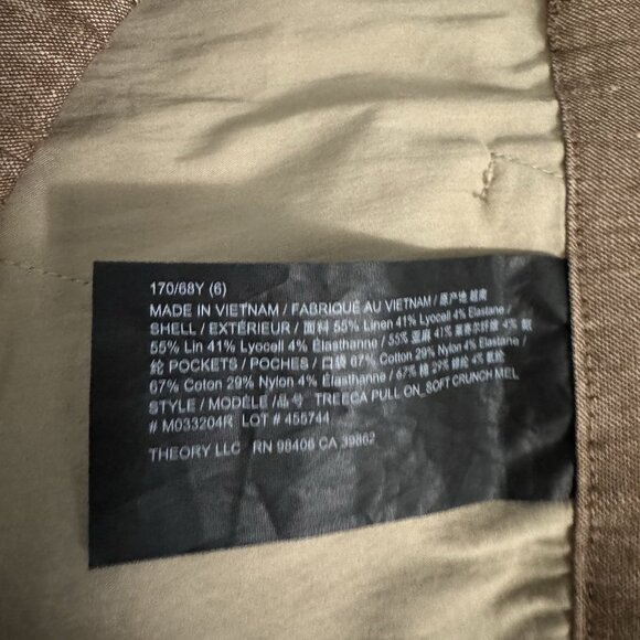 Theory Women's Treeca Pull-On Pant Size 6 Linen Blend Stretch Pockets Brown - Picture 6 of 6